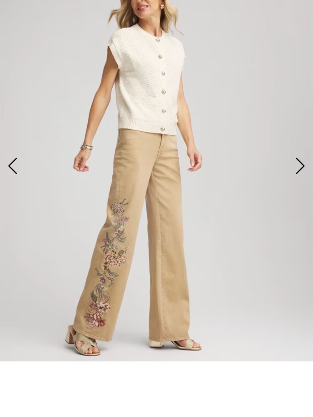 CHICO’S EMBROIDERED HIGH-RISE WIDE LEG JEANS BOHEMIAN FLORAL TAN COLOR SIZE 14R - Picture 2 of 15